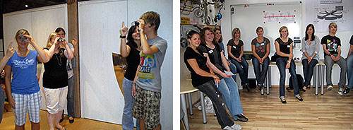 Die Fotos zeigen Jugendliche beim Testen von Rauschbrillen (Tunnelblick) und eine Gruppe junger Peers