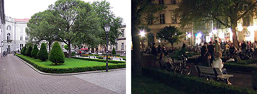 Fotos des Wilhelmsplatzes in Göttingen einmal bei Tag und einmal bei Nacht